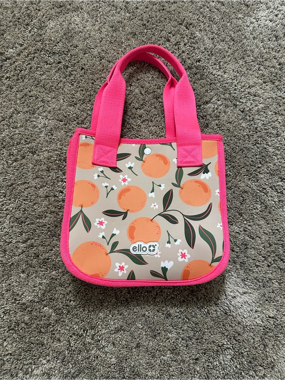 ellos lunch bagNeoprene Tote Bag in Pink with Orange Print